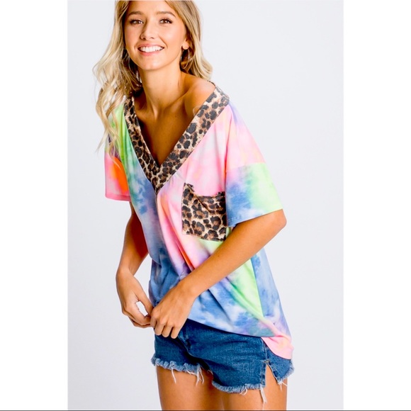 New! Tie Dye And Animal Print Contrast Top - Picture 8 of 8